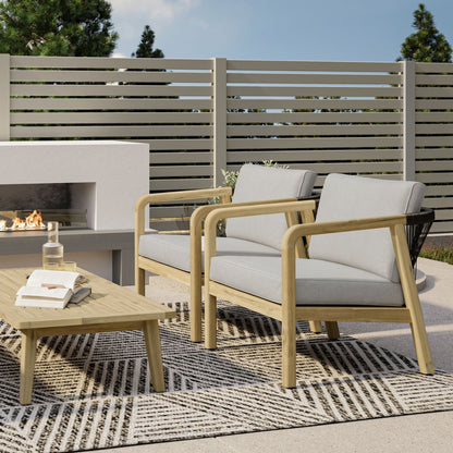 Palmetto outdoor chairs set of 2 with stone gray cushions and light wood frames on patio on Tampa Home & Garden Store