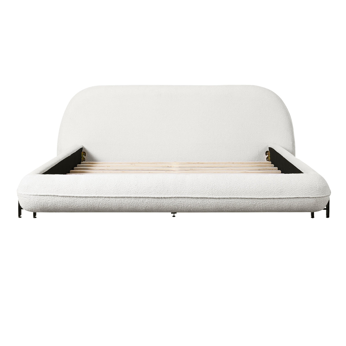 Queen size upholstered bed frame in boucle fabric with steel legs and wooden slats on Tampa Home & Garden Store