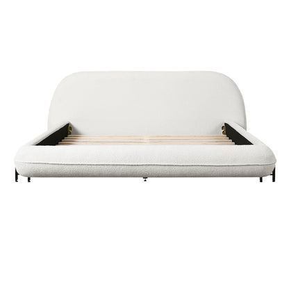 Queen size upholstered bed frame in boucle fabric with steel legs and wooden slats on Tampa Home & Garden Store