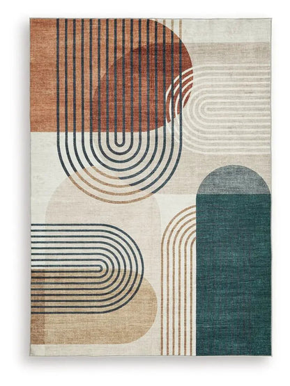 Farrendale washable rug by Unique Piece Furniture in teal, rust, beige geometric pattern on Tampa Home & Garden Store