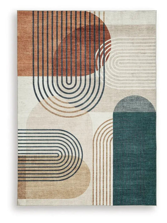 Farrendale washable rug by Unique Piece Furniture in teal, rust, beige geometric pattern on Tampa Home & Garden Store