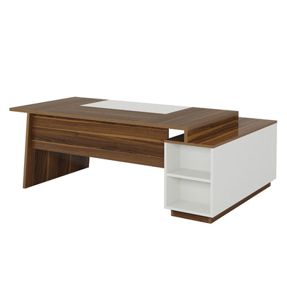 L-shaped executive desk with walnut top and white storage cabinet with open shelves on Tampa Home & Garden Store