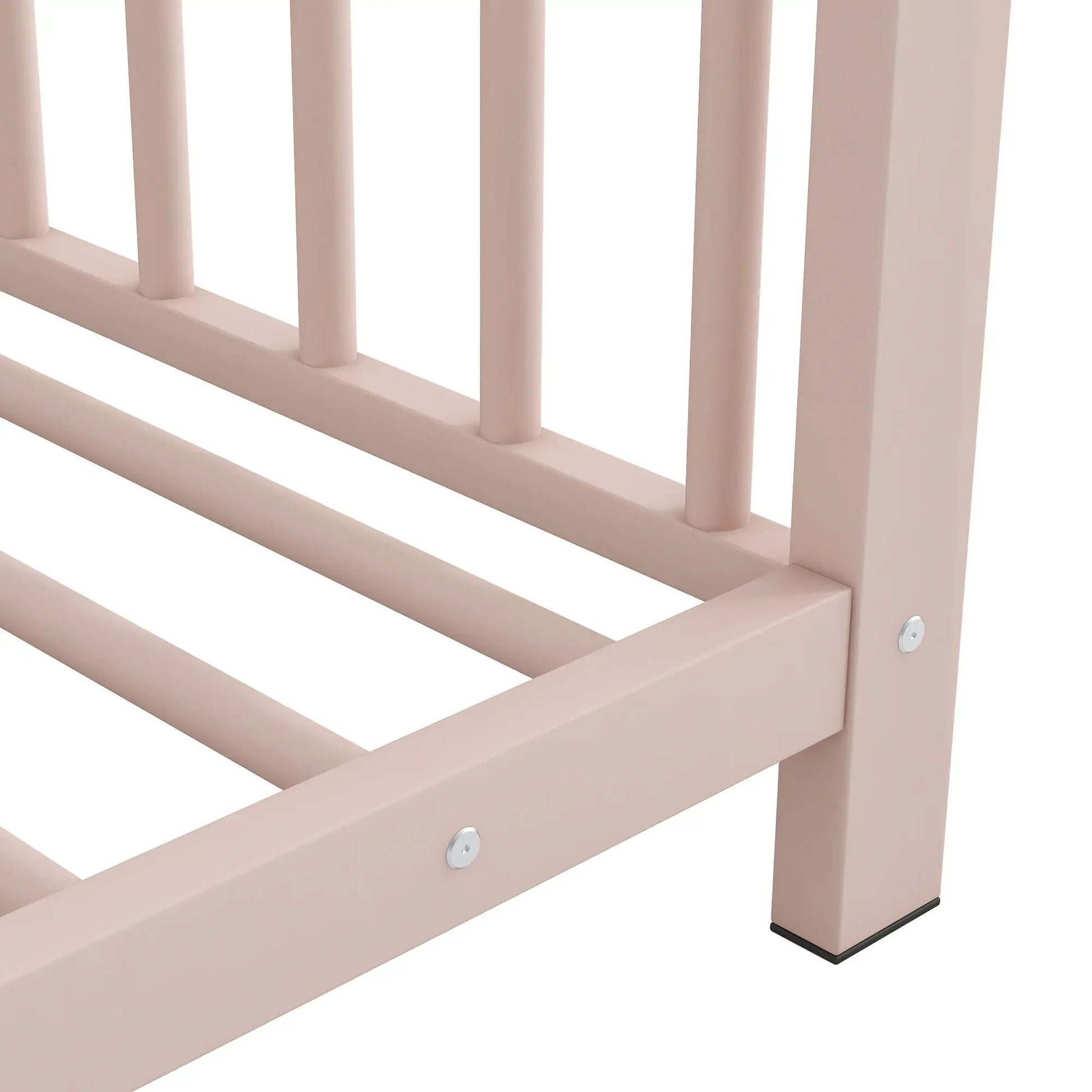 Metal canopy bed frame in soft pink with vertical posts and rails by Unique Piece Furniture on Tampa Home & Garden Store