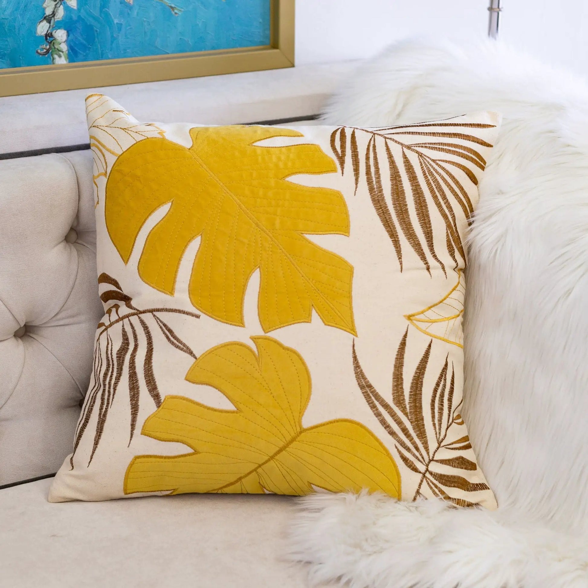 Autumn Vibes Leaf Accent Pillow yellow leaf motif on beige fabric with brown botanical print on Tampa Home & Garden Store