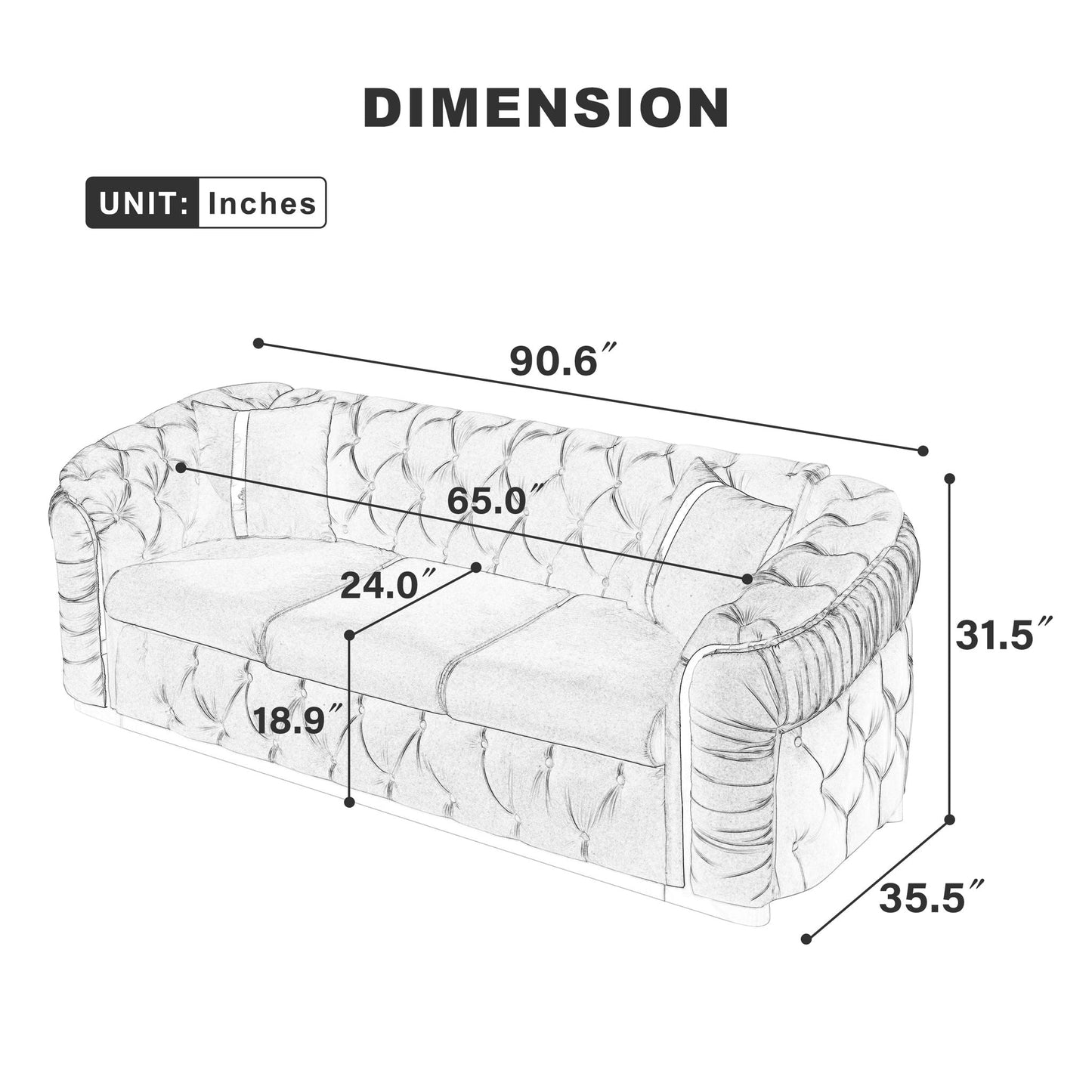 Button tufted 3-seater Chesterfield sofa with 2 pillows by HouseOfZazla, stationary sofa on Tampa Home & Garden Store