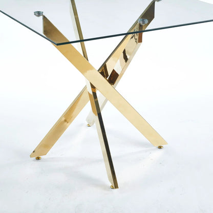 Dining table with gold cross-leg base and square tempered glass top by Unique Piece Furniture on Tampa Home & Garden Store