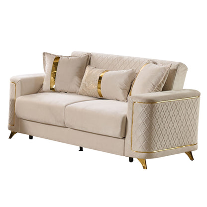 Beige upholstered stationary sofa with gold-tone trim, diamond quilted sides, cushions on Tampa Home & Garden Store