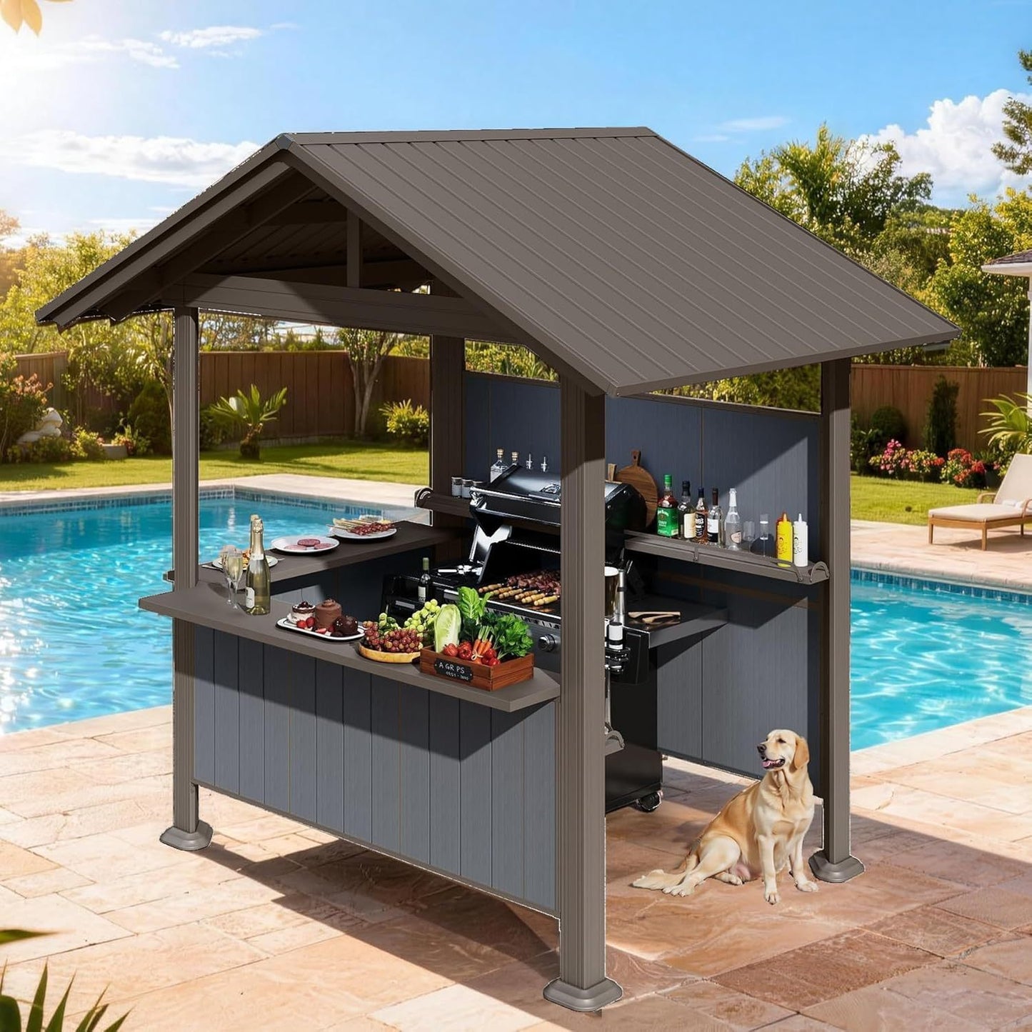 Gray hardtop grill gazebo with storage shelves and resin shade system at a poolside bar on Tampa Home & Garden Store
