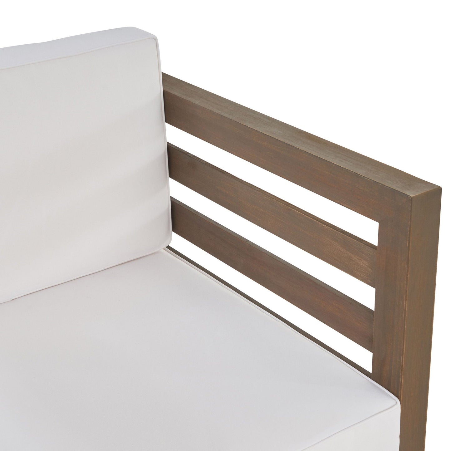Outdoor Acacia Wood Patio Chair with white fabric cushion and wooden armrests on Tampa Home & Garden Store
