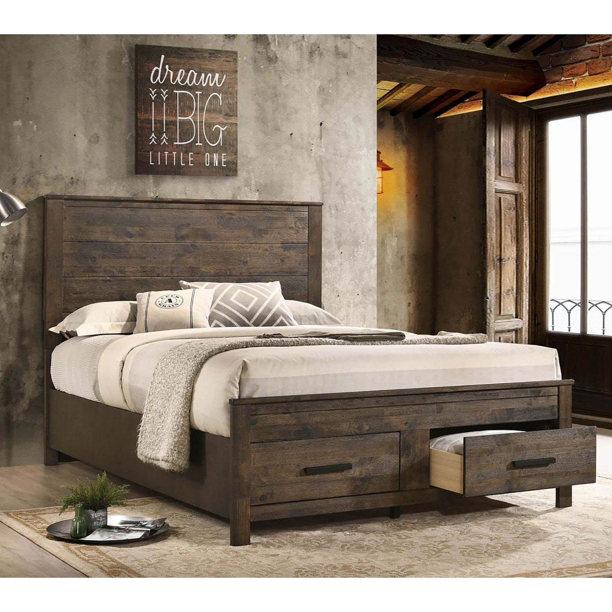 Queen storage bed with platform design and two drawers in dark brown wood HouseOfZazla on Tampa Home & Garden Store