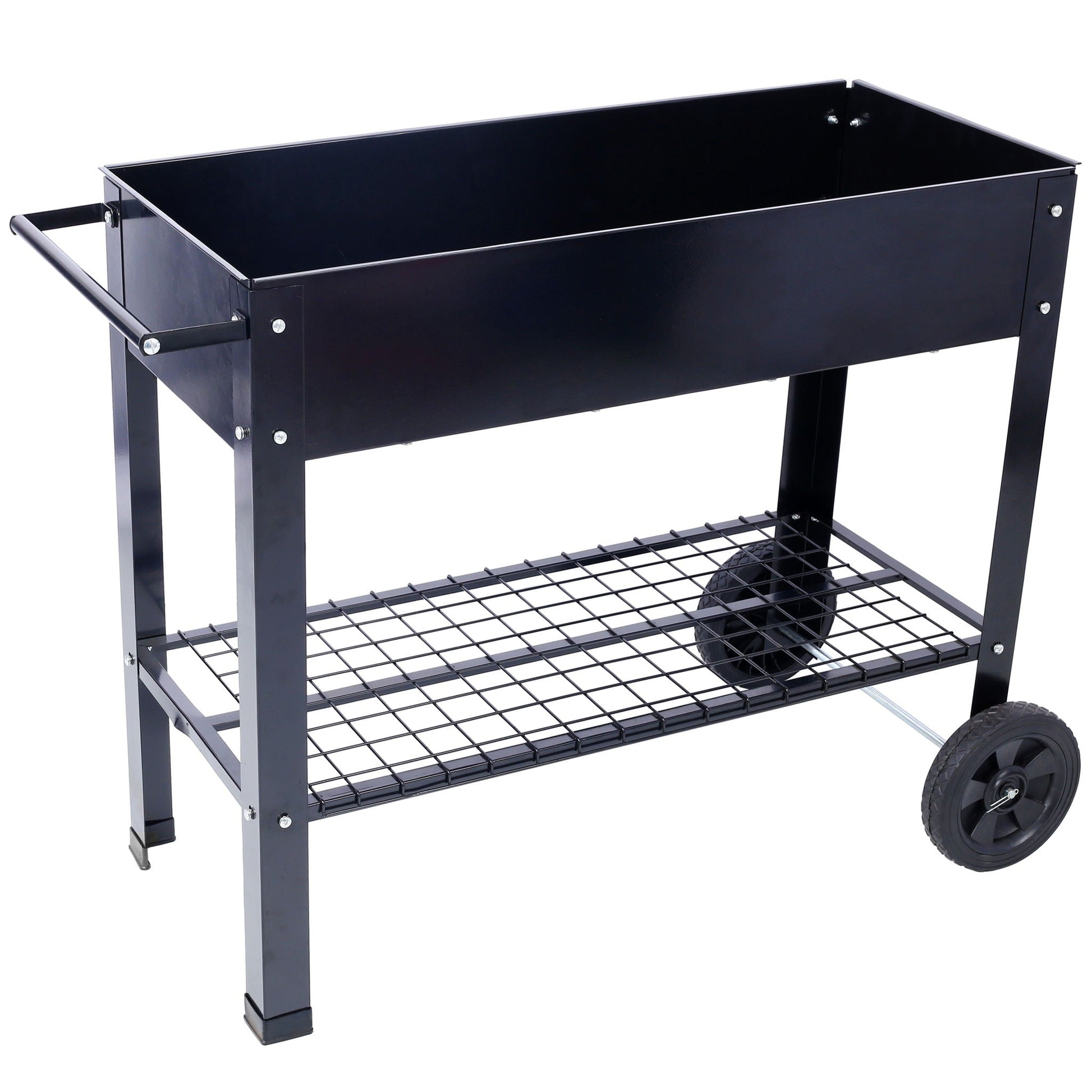 Elevated mobile planter bed by HouseOfZazla, black powder-coated steel on wheels with lower wire shelf on Tampa Home & Garden Store