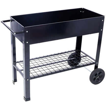 Elevated mobile planter bed by HouseOfZazla, black powder-coated steel on wheels with lower wire shelf on Tampa Home & Garden Store