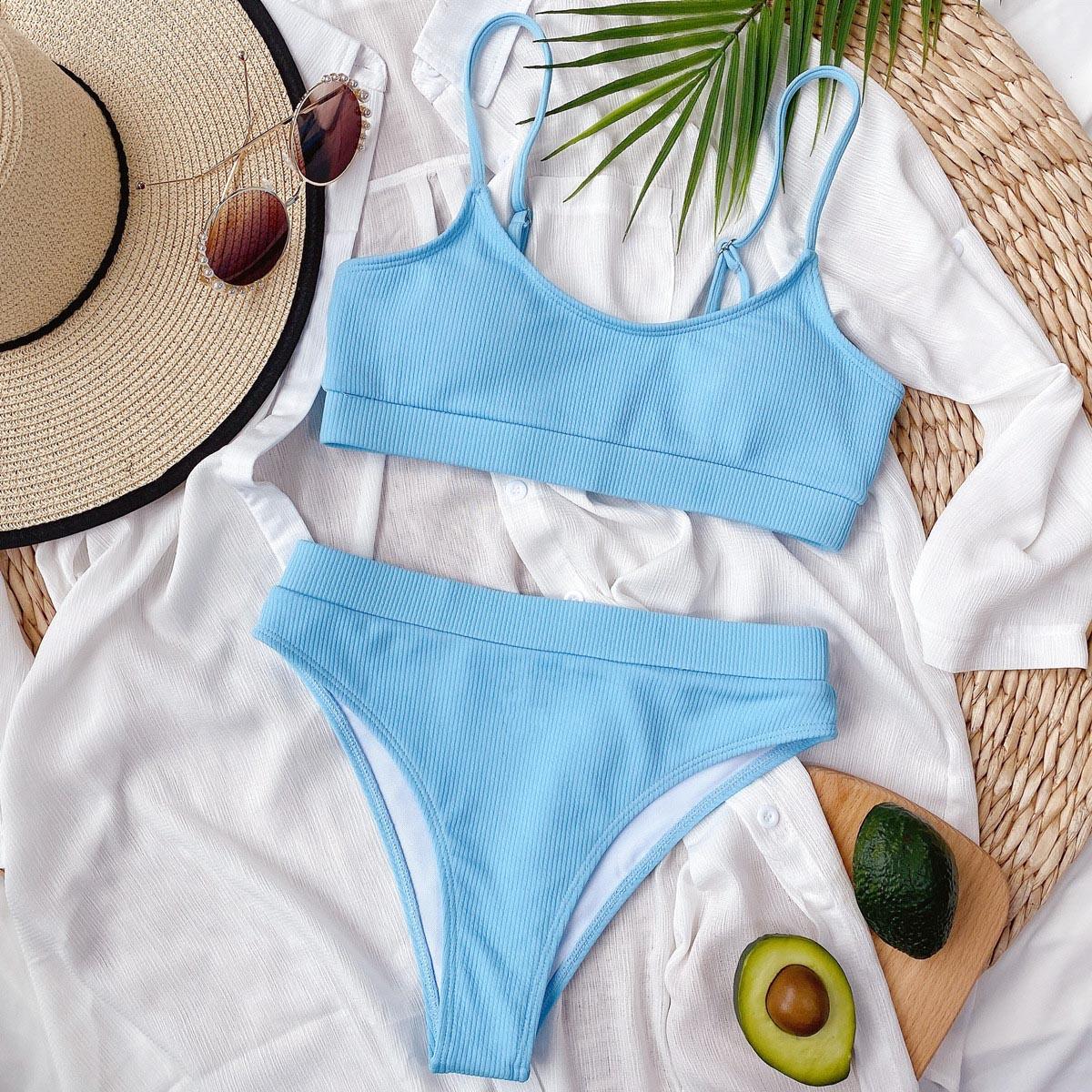 Stevvex sky-blue ribbed two-piece high-waist bikini set for women on Tampa Home & Garden Store