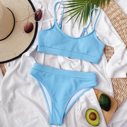 Stevvex sky-blue ribbed two-piece high-waist bikini set for women on Tampa Home & Garden Store