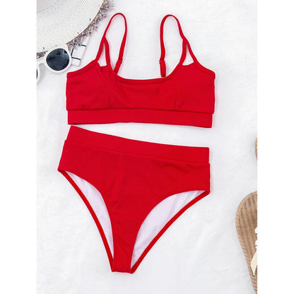 Red solid two-piece bikini set with high-waisted bottoms and push-up top on Tampa Home & Garden Store