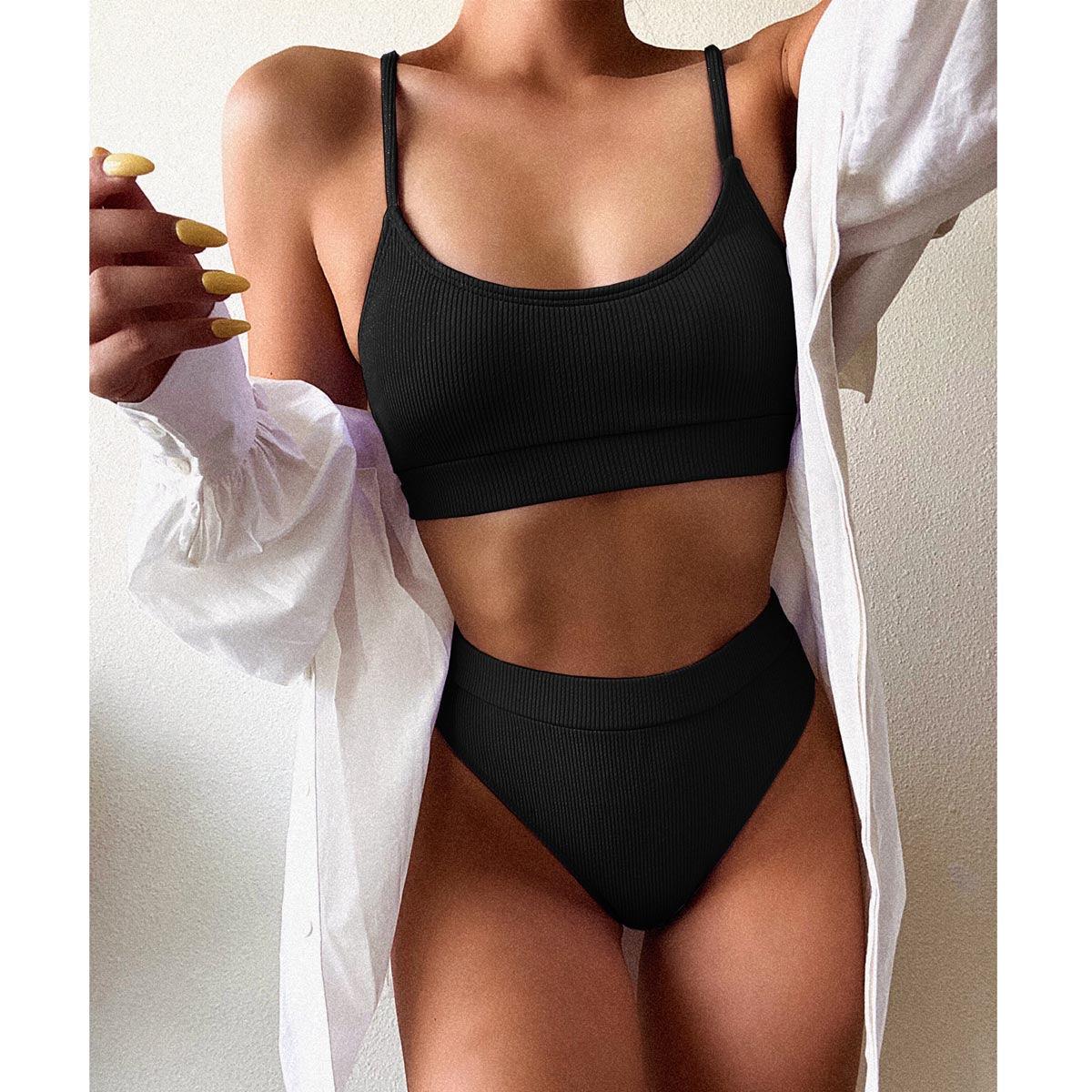 Push-up bikini set in black with ribbed fabric and high-waist bottoms, two-piece swimsuit on Tampa Home & Garden Store