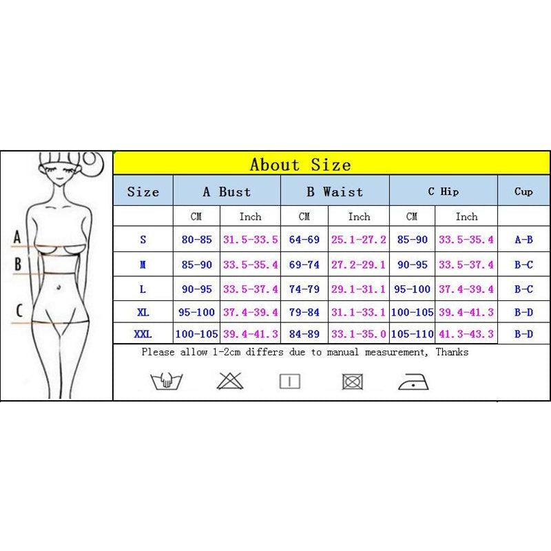 Stevvex bikini size chart with bust, waist and hip measurements and female silhouette on Tampa Home & Garden Store