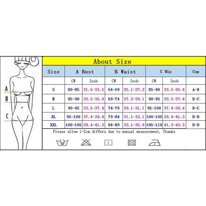Stevvex bikini size chart with bust, waist and hip measurements and female silhouette on Tampa Home & Garden Store