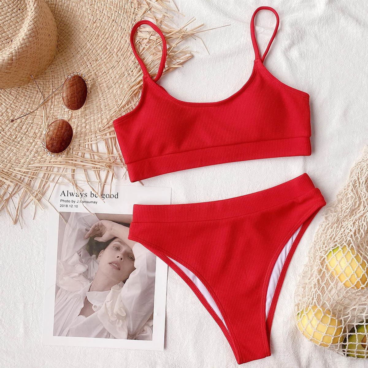 Red ribbed push-up bikini set with high-waist bottom, two-piece swimsuit for women on Tampa Home & Garden Store