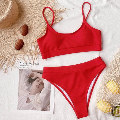 Red ribbed push-up bikini set with high-waist bottom, two-piece swimsuit for women on Tampa Home & Garden Store
