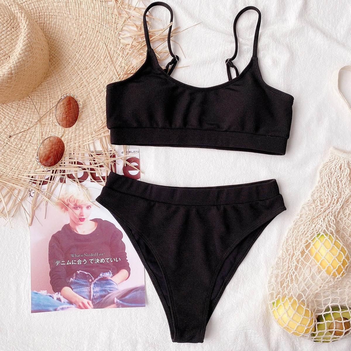 Black ribbed two-piece bikini set STBK344WER Stevvex with high-waist bottom on Tampa Home & Garden Store