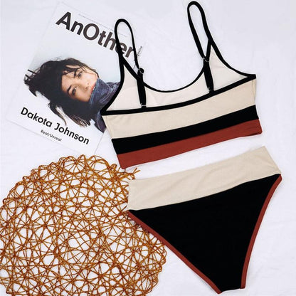 Two-piece high waist bikini set from Stevvex in beige, black and brown color blocks on Tampa Home & Garden Store