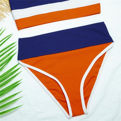 Stevvex women's two-piece bikini; orange high-waist bottoms with navy panel and white trim on Tampa Home & Garden Store