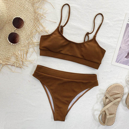 Brown ribbed 2-piece push-up bikini set with high-waist bottoms, straps Stevvex classic bikini on Tampa Home & Garden Store