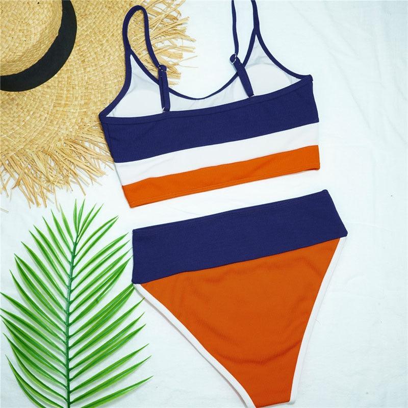 Stevvex women’s color-block bikini set in navy, white and orange with high-waist bottom on Tampa Home & Garden Store