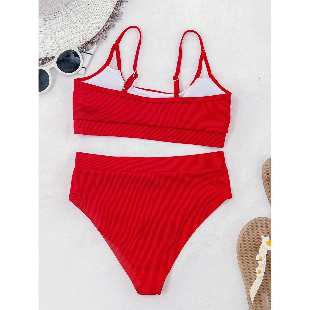 Red push-up bikini set with high-waist bottom and adjustable straps Stevvex classic bikini on Tampa Home & Garden Store