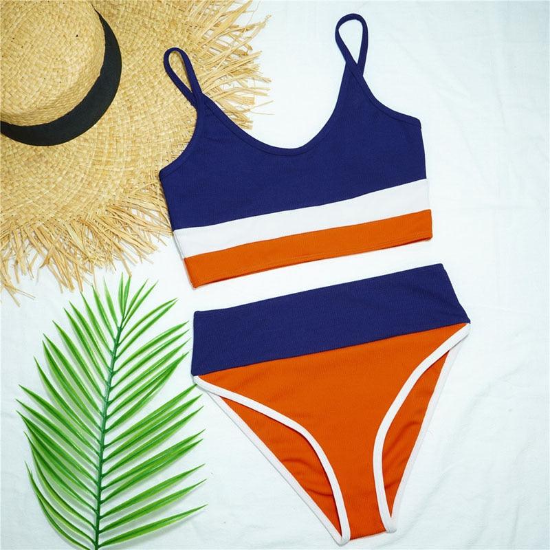 Stevvex women's push-up high-waist bikini set navy with white orange colorblock 2pc swimsuit on Tampa Home & Garden Store