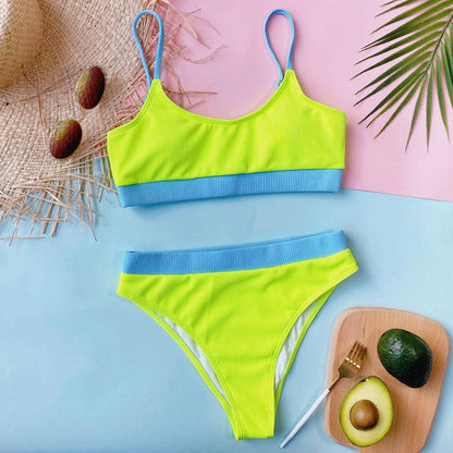Stevvex neon lime two-tone high-waist bikini with blue ribbed waistband and straps on Tampa Home & Garden Store