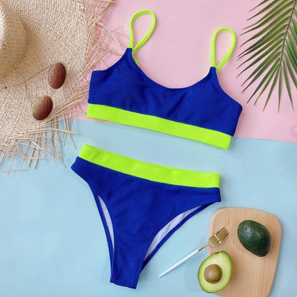 Stevvex women's two-piece bikini set in royal blue with neon lime waistband and straps on Tampa Home & Garden Store