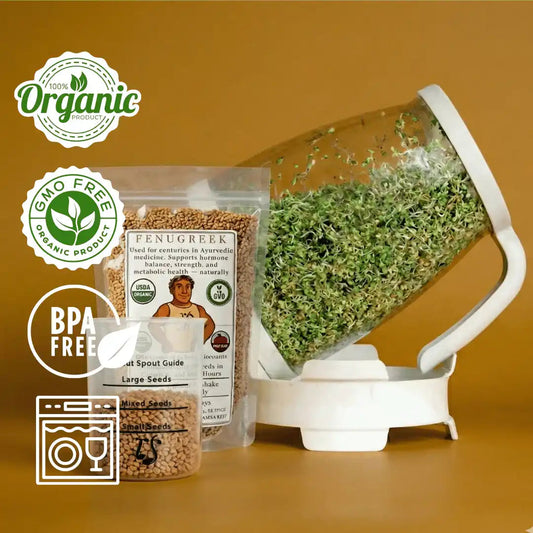 Kit de inicio de fenogreco Sprout Spout: Sprout Spout + 4 oz o 1 lb de semillas + Sprout Scoop gratis