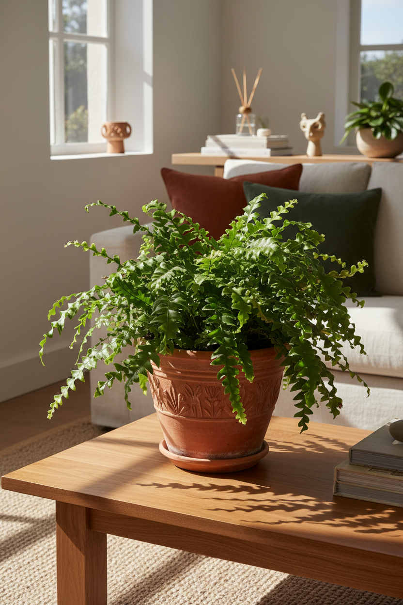 Kangaroo Paw fern in a 6-inch terracotta pot on a coffee table in a sunlit living room on Tampa Home & Garden Store
