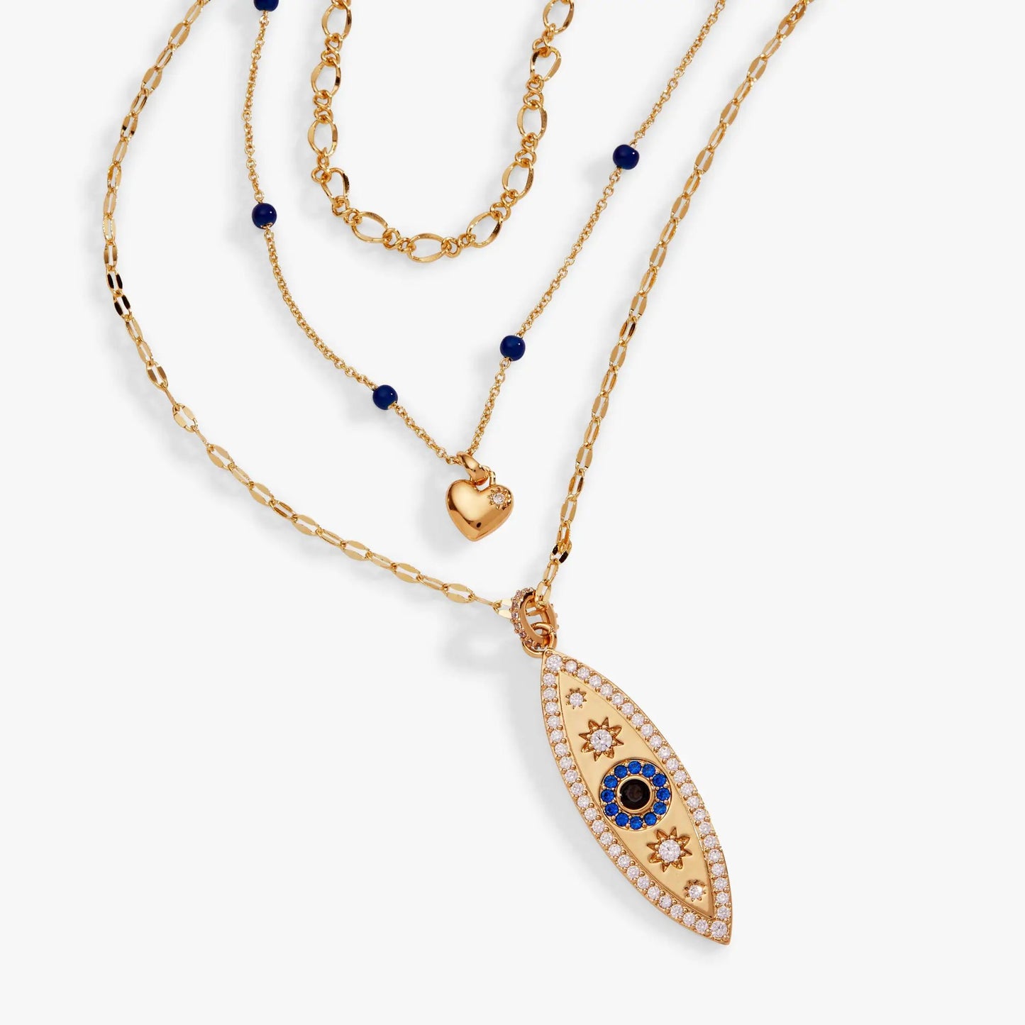 Festival Stranded Evil Eye Necklace by ALEX AND ANI; gold-tone layered chains with blue beads on Tampa Home & Garden Store