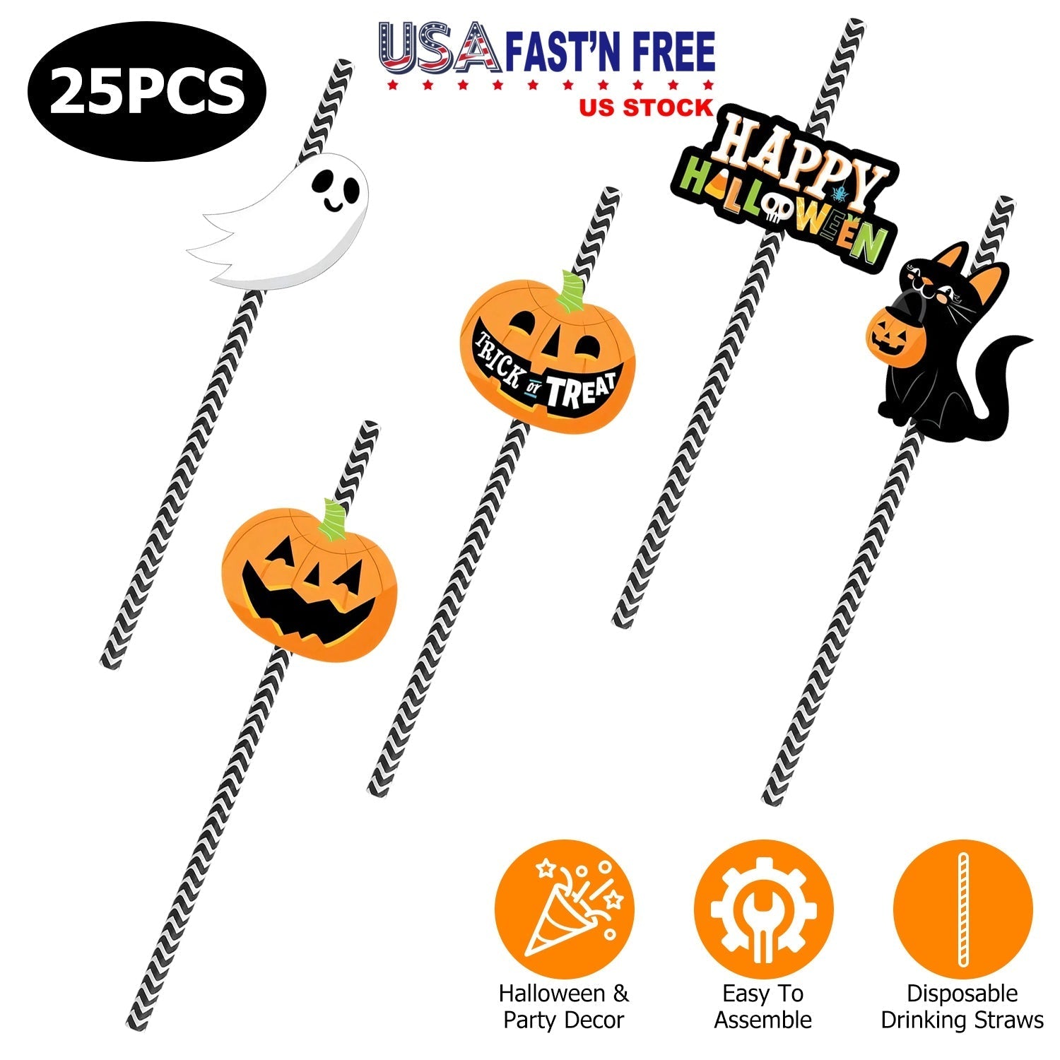 GemGear 25Pcs Halloween striped paper drinking straws with ghost pumpkin black cat decorations on Tampa Home & Garden Store