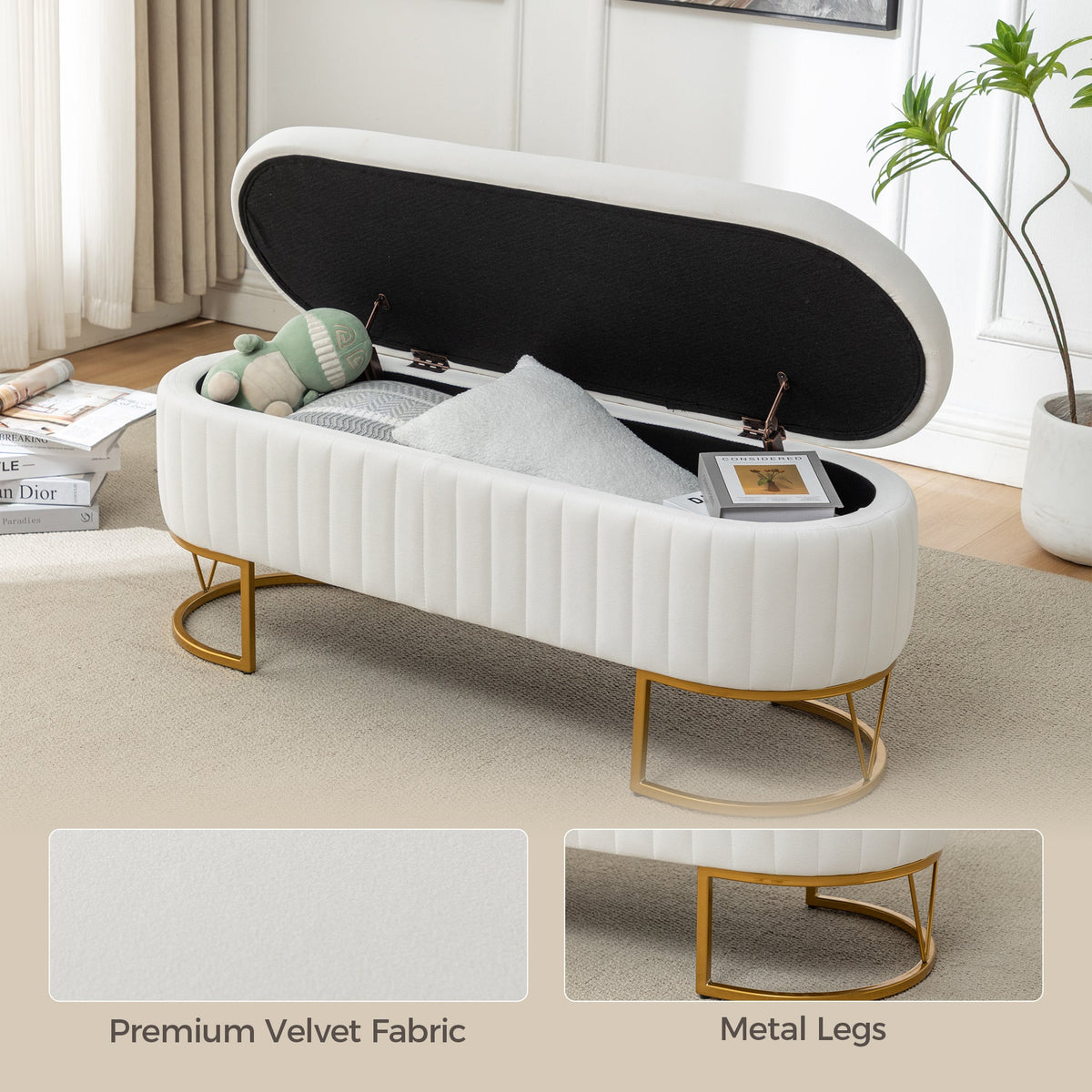 The Velvet Storage Bench with Gold Metal Legs