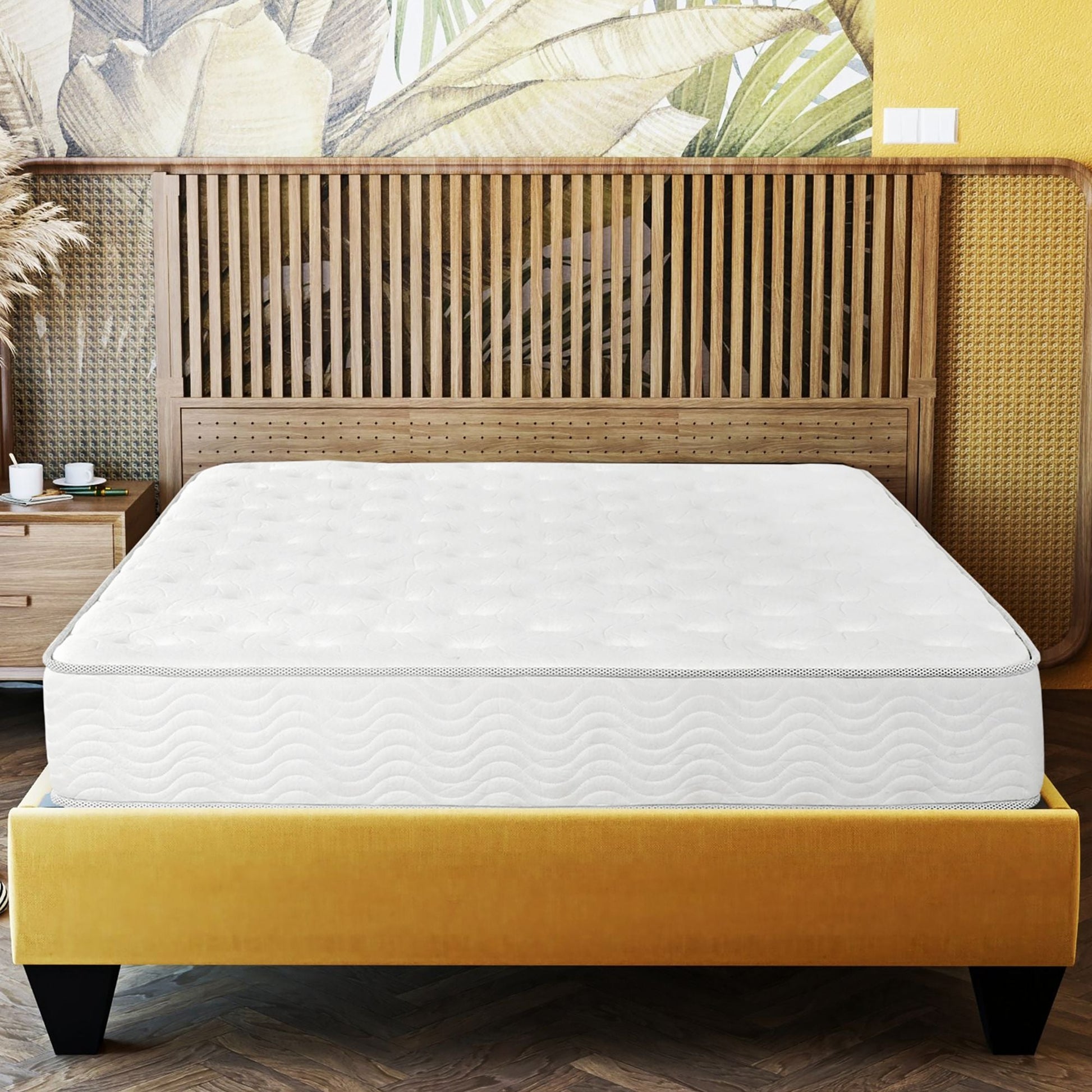 Premium 9in medium pocket spring hybrid mattress by HouseOfZazla, white quilted top on Tampa Home & Garden Store