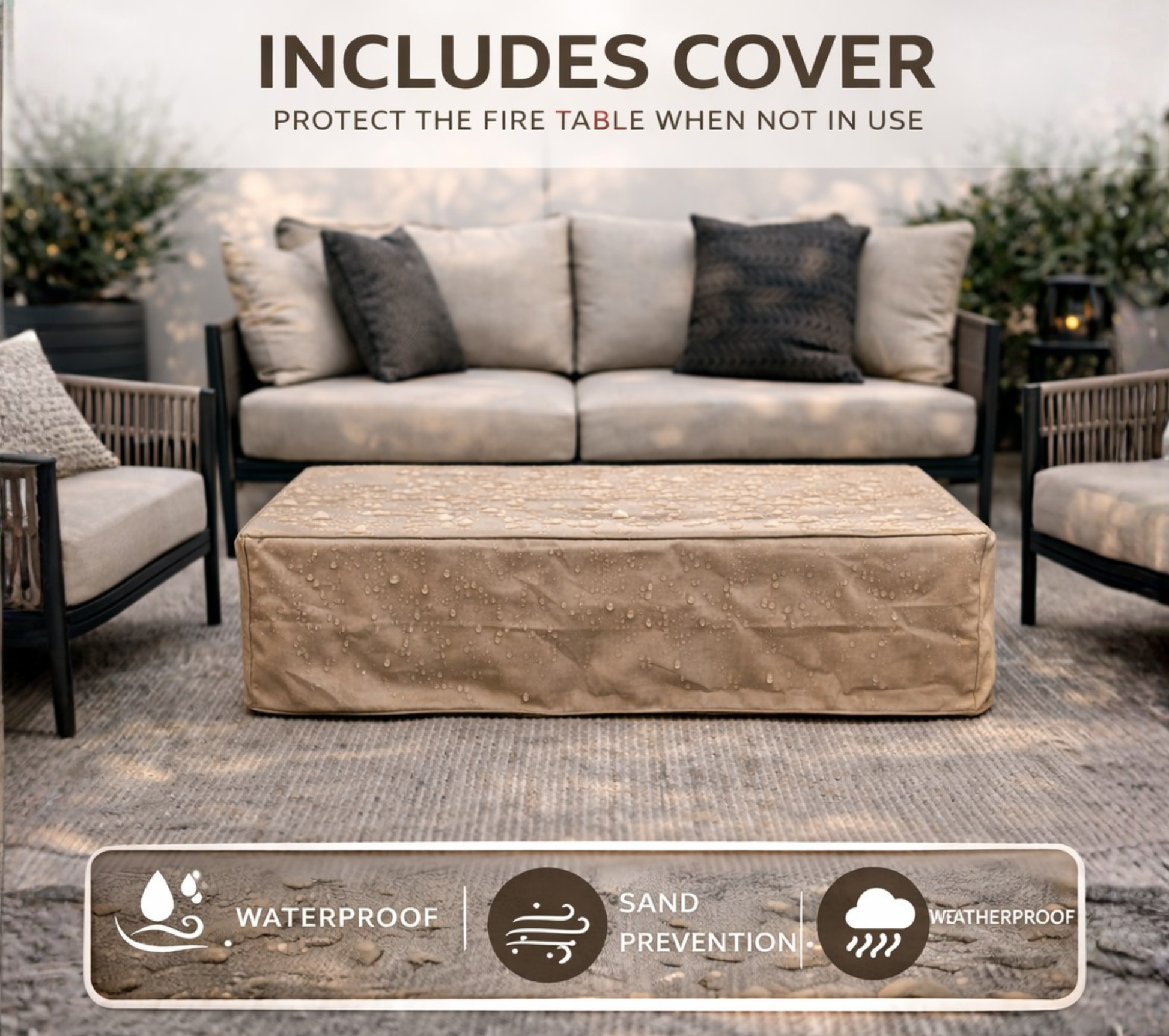 56' Propane Fire Pit Table by HouseOfZazla - rectangular outdoor gas fire pit with beige cover on Tampa Home & Garden Store