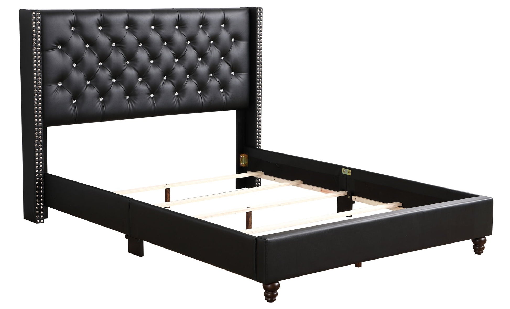 Upholstered Nailhead Trim Chic Bed by HouseOfZazla in black faux leather with crystal studs on Tampa Home & Garden Store