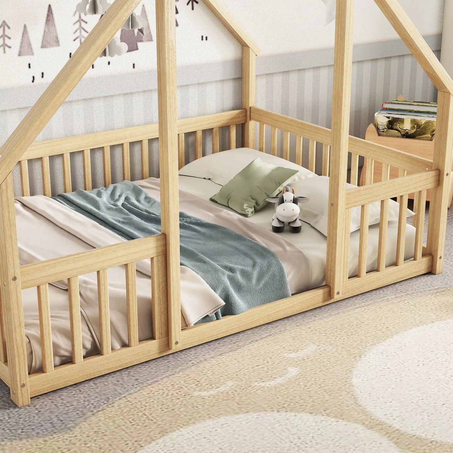 Wood house-shaped toddler bed with fence guardrails in natural wood finish by Unique Piece Furniture on Tampa Home & Garden Store