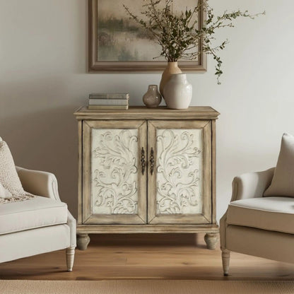 Driscoll 2-Door Cabinet with Floral Design in Reclaimed Natural carved floral panels on Tampa Home & Garden Store