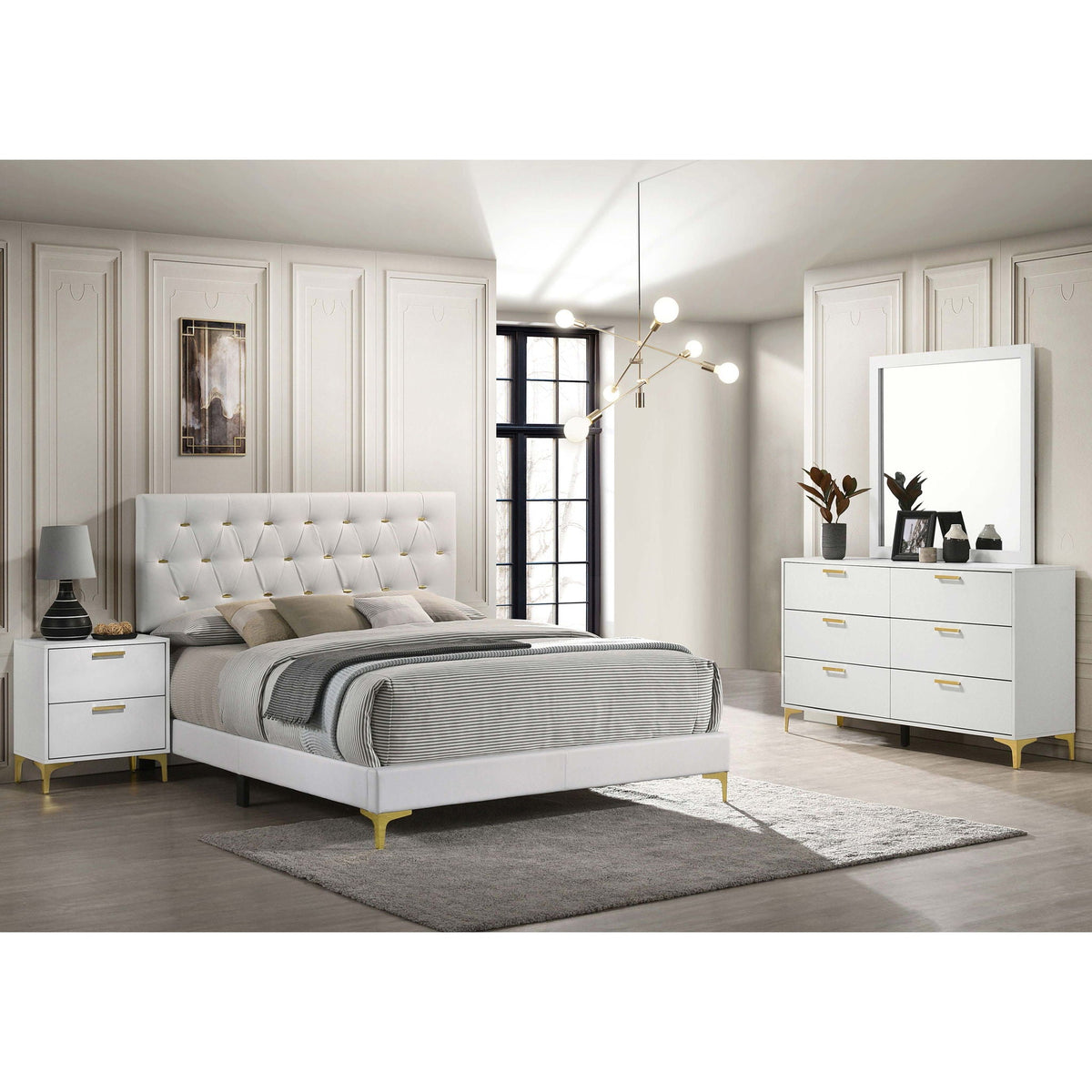 James 4-Piece Bedroom Set HouseOfZazla white tufted bed with gold legs, dresser & wardrobe on Tampa Home & Garden Store