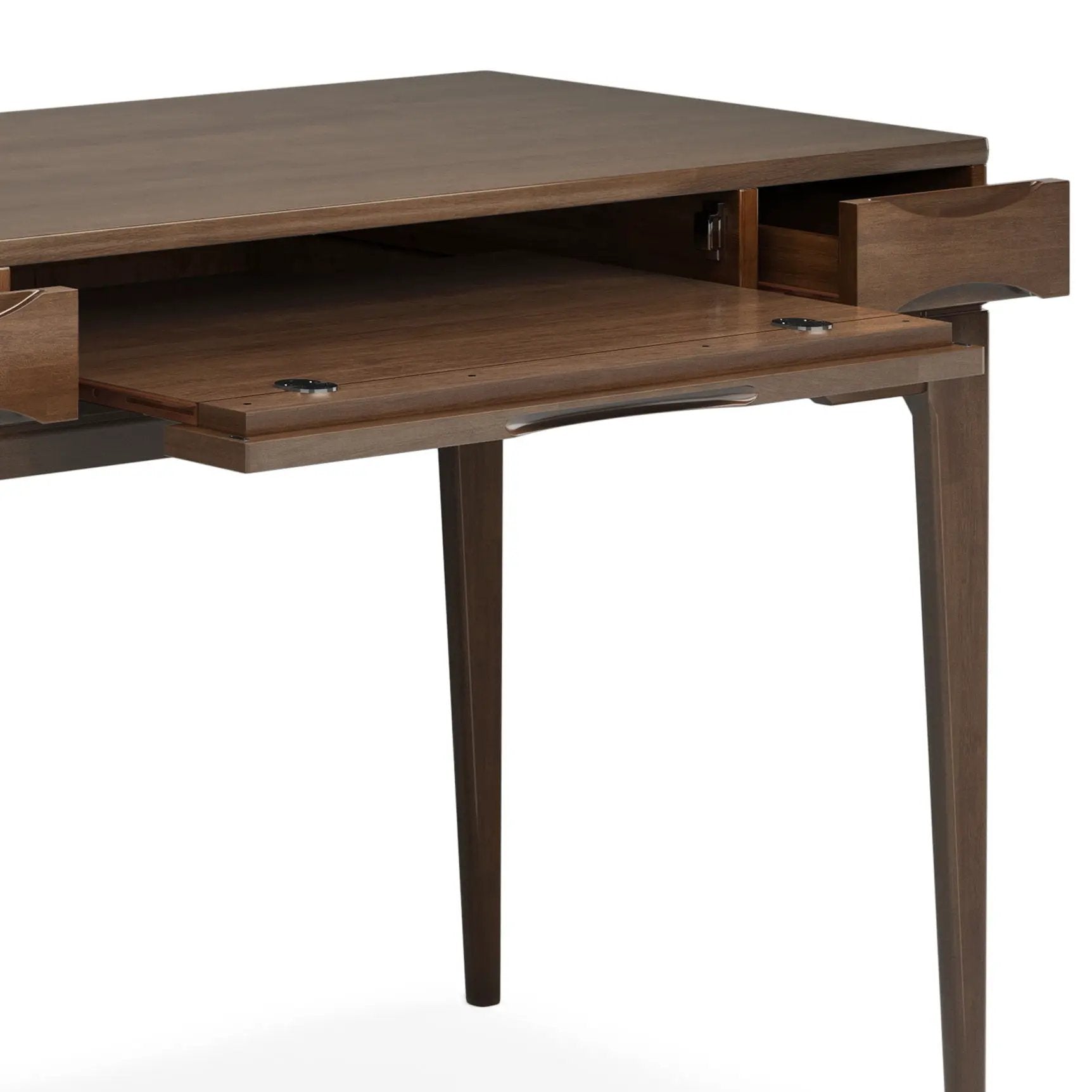 Harper Handcrafted Desk by Unique Piece Furniture in dark walnut with open drawers on Tampa Home & Garden Store