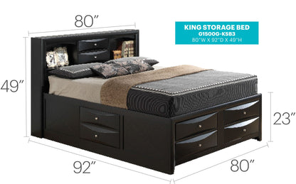 Black storage bed with bookcase headboard and built-in drawers, king size 80W x 92D x 49H on Tampa Home & Garden Store