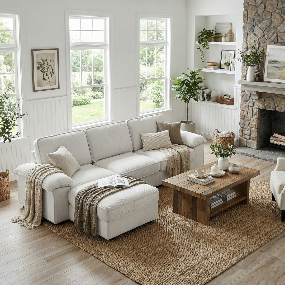 Modern L-shaped sectional sofa with ottoman in light gray fabric with beige throws on Tampa Home & Garden Store