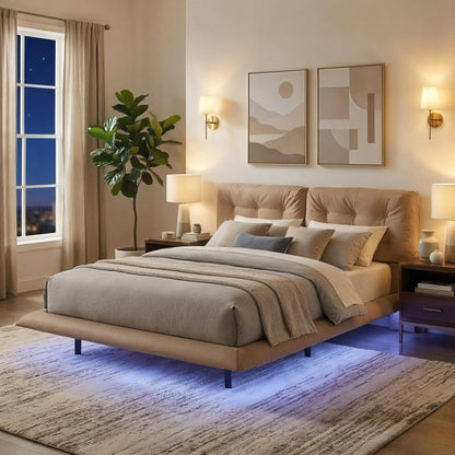 Queen Size Floating Bed Frame With Led Strip