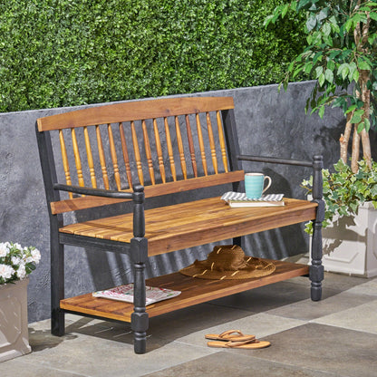 HouseOfZazla slatted bench with built-in shelf, black frame and warm wood slats for outdoor on Tampa Home & Garden Store