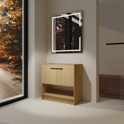 Modern freestanding bathroom vanity with 2 doors in light brown wood finish and LED mirror on Tampa Home & Garden Store